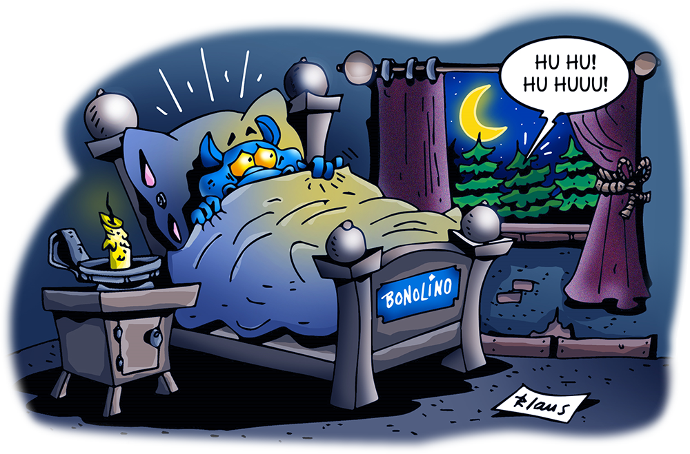 Bonolino liegt ängstlich im Bett, als er die Huhuu-Rufe hört