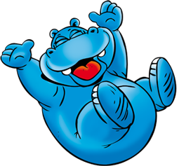 Das blaue Nilpferd Bonolino lacht und freut sich