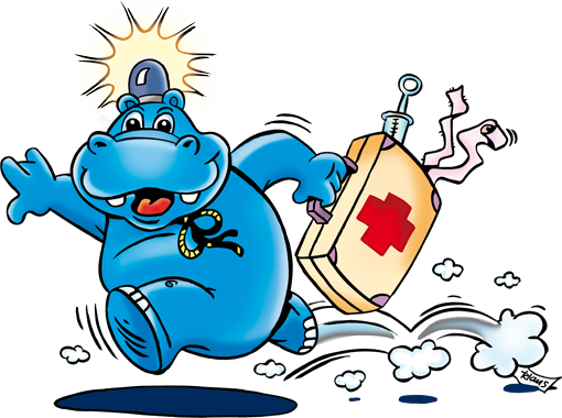 Bonolino läuft lachend mit einem Erste-Hilfe-Koffer und Blaulicht auf dem Kopf durch die Gegend