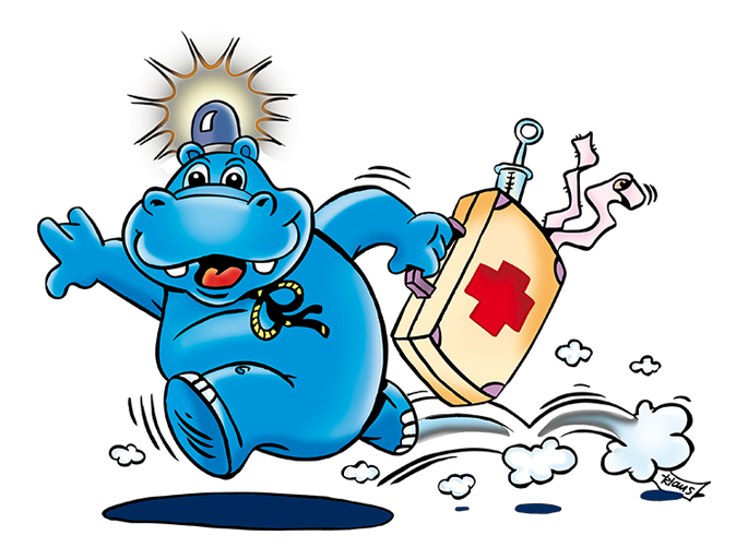 Bonolino hüpft mit Blaulicht auf dem Kopf und einem Erste-Hilfe-Koffer in der Hand zu einem Einsatz