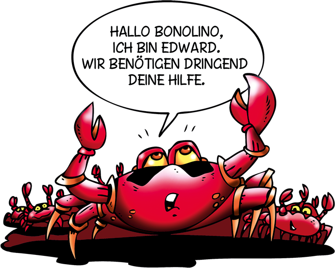 Weihnachtsinsel-Krabbe Edward bittet Bonolino um Hilfe