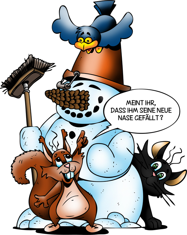 Bonolino steckt dem Schneemann eine Zapfennase ins Gesicht