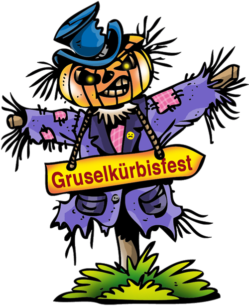 Vogelscheuche mit Gruselkürbisfest-Wegweiser