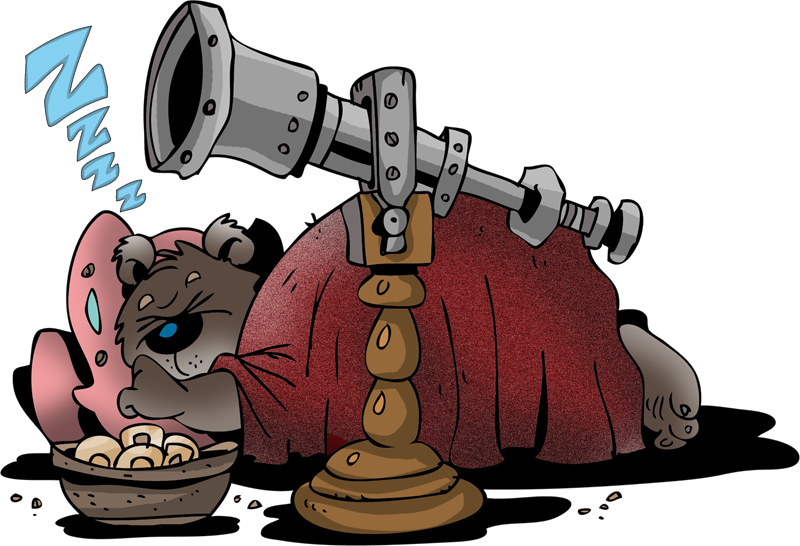 Braunbär Kunibert schläft zugedeckt neben einem Teleskop ein