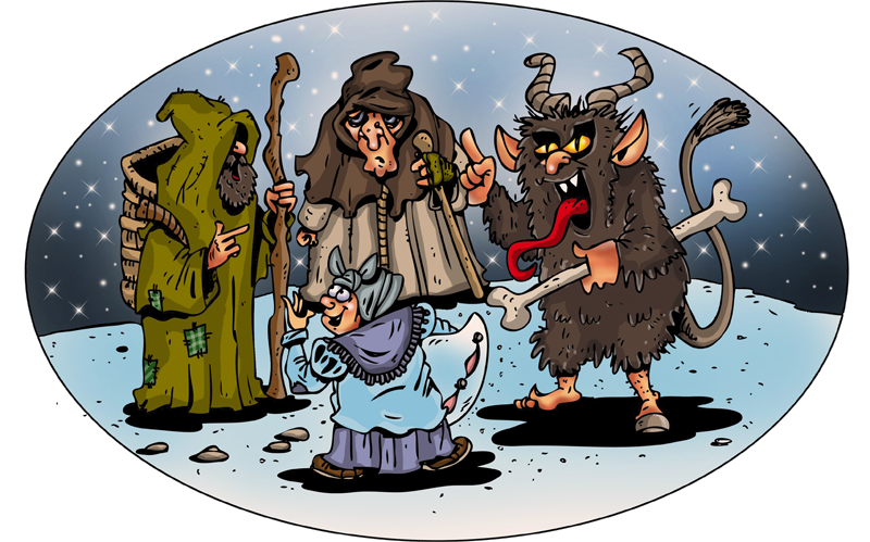 Knecht Ruprecht, Frau Percht, der Krampus und Frau Holle stehen in einem Kreis und streiten sich