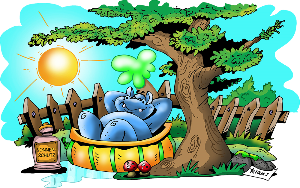 Bonolino liegt im Schatten eines Baumes in seinem Planschbecken