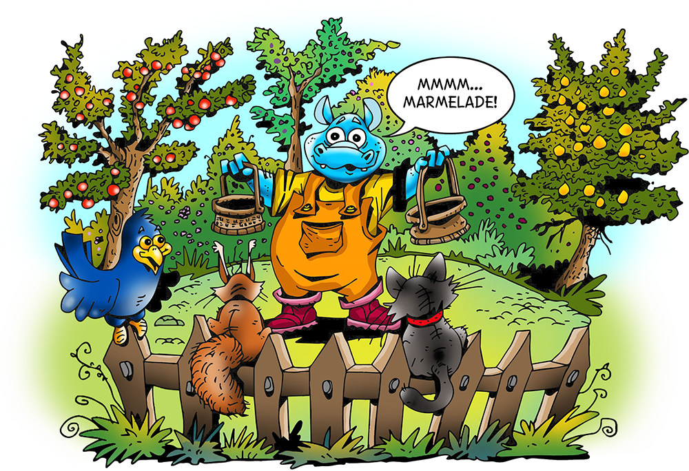 Bonolino steht mit zwei Erntekörben in seinem Obstgarten, umringt von seinen Freunden Türülü, Knabber und MauMau