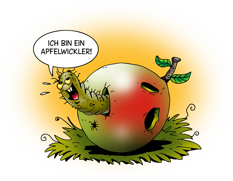 Eine Raupe streckt lachend ihren Kopf aus einem löchrigen Apfel