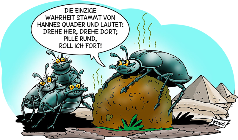 Ein Mistkäfer rollt eine Dunkungel, drei weitere Mistkäfer beobachten ihn dabei