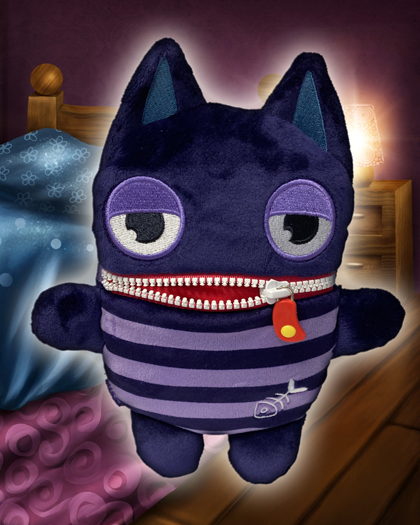 Kleines, lilafarbenes Kuscheltiermonster mit einem Reißverschluss als Mund