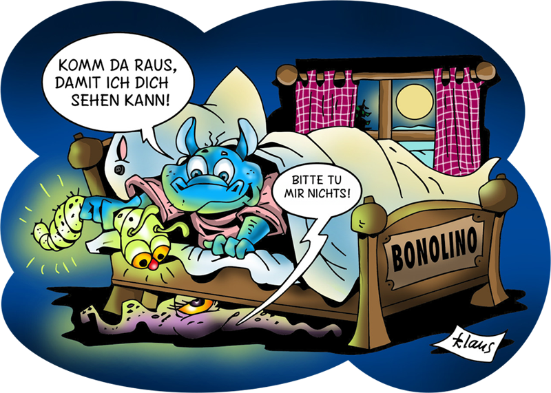 Bonolino leuchtet mit seinem Kuscheltier-Glühwürmchen unters Bett und entdeckt dort ein Monster