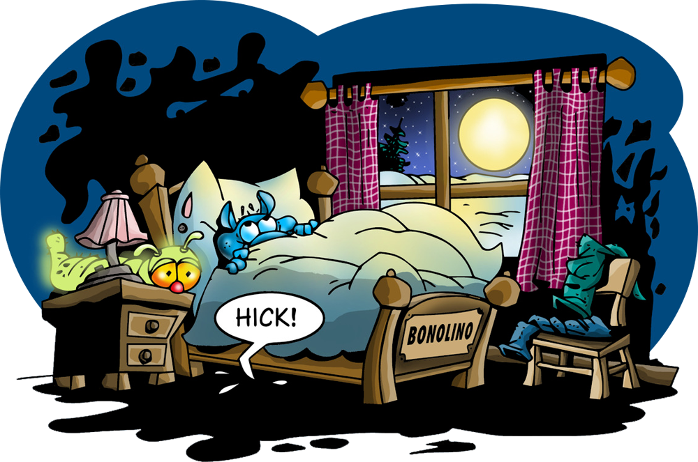 Bonolino liegt nachts in seinem Bett und fürchtet sich vor den Schatten an der Wand