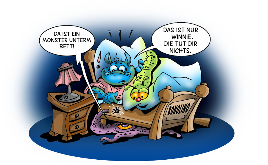 Das Monster unterm Bett zeigt auf eine Spinne, vor der es sich fürchtet