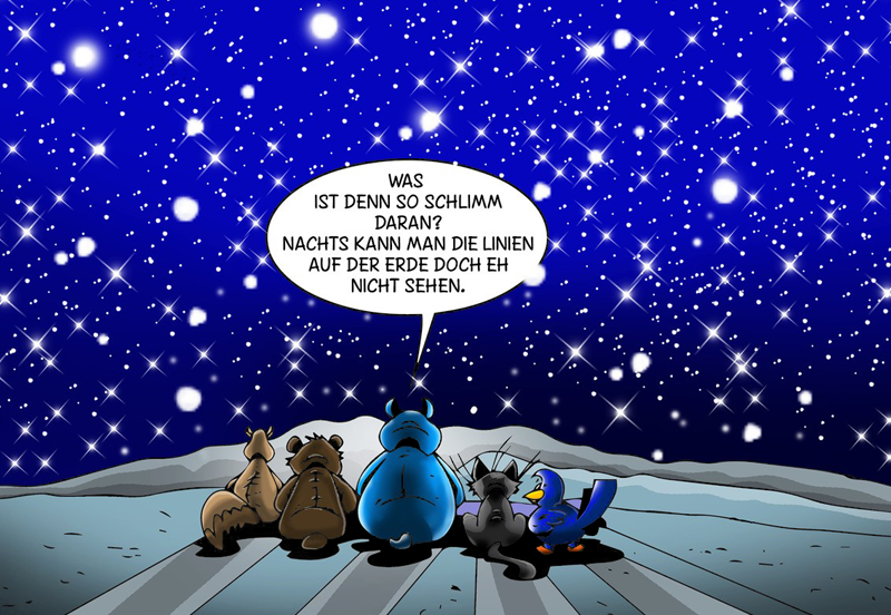 Coati, Ossi, Bonolino, MauMau und Türülü betrachten den Sternenhimmel