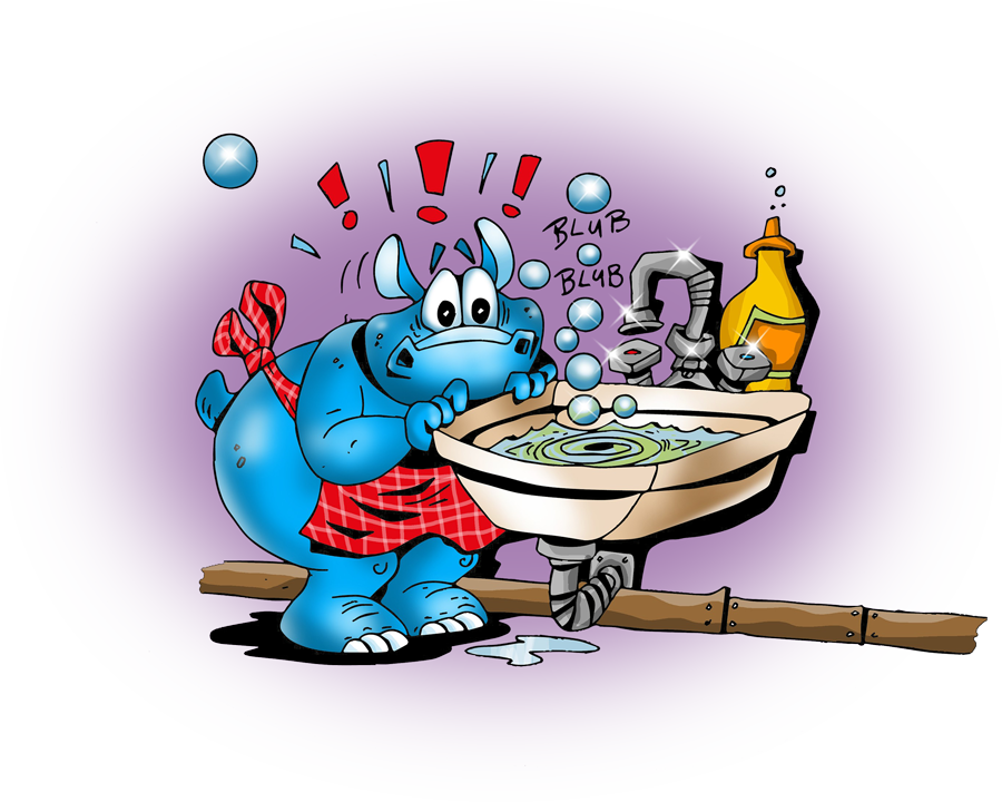 Bonolino betrachtet die Seifenblasen und den Strudel in seinem Spülbecken