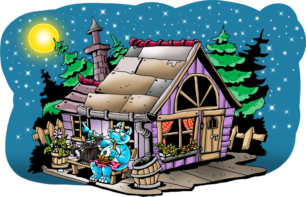 Bonolino sitzt mit MauMau nachts auf seiner Gartenbank vor seinem Häuschen und betrachtet mit ihr den Sternenhimmel