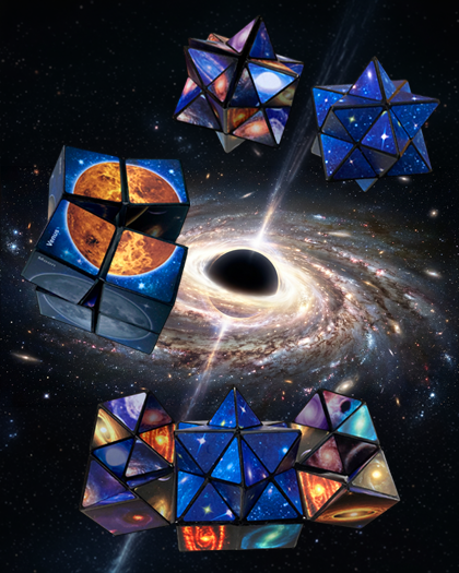 Mehrere Sternenzauberwürfel wirbeln um ein Schwarzes Loch