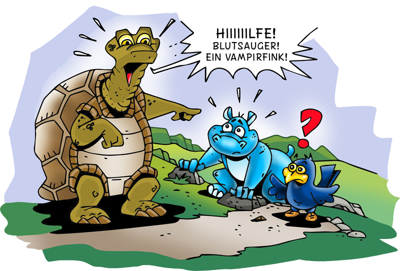 Die Riesenschildkröte Thusnelda schreit erschrocken, weil sie Türülü für einen Vampirfink hält