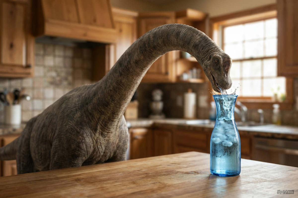 Ein Brachiosaurus in einer Küche trinkt aus einer Karaffe voll Wasser