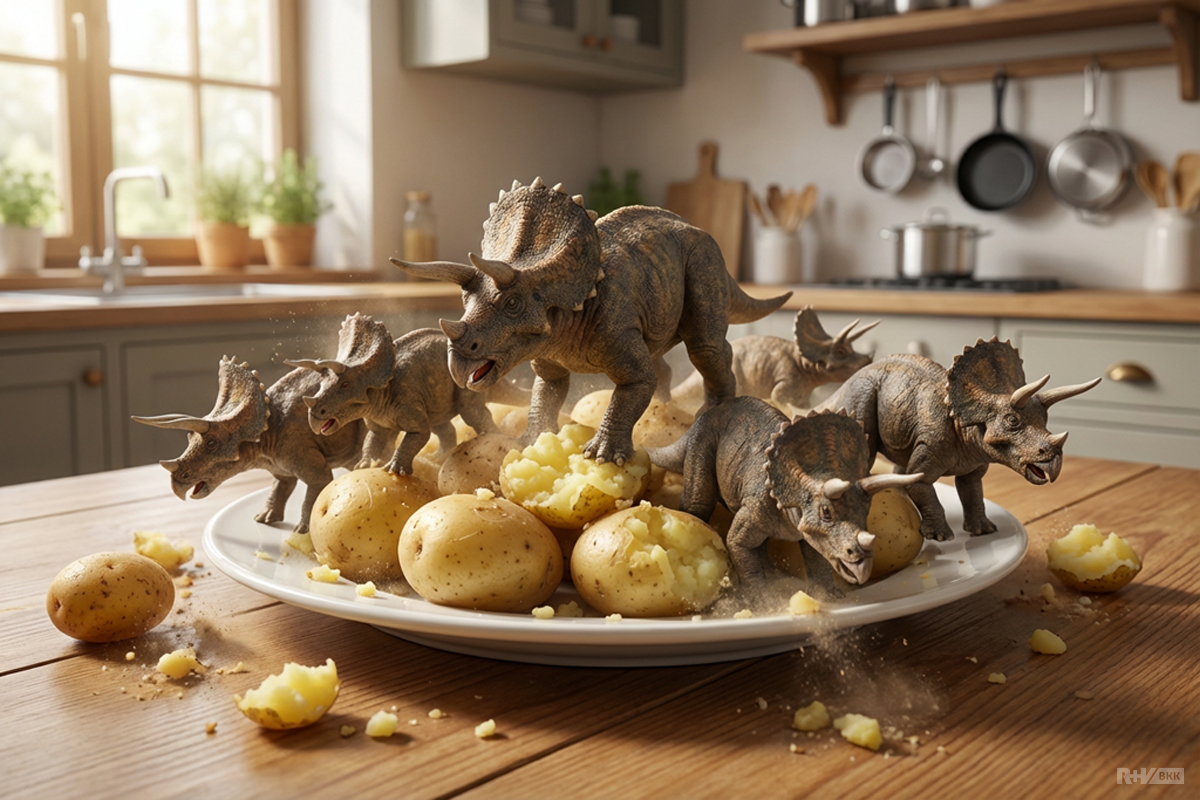 Ein Rudel Triceratops stampft über einen Teller mit Kartoffeln, dass die Brocken nur so fliegen