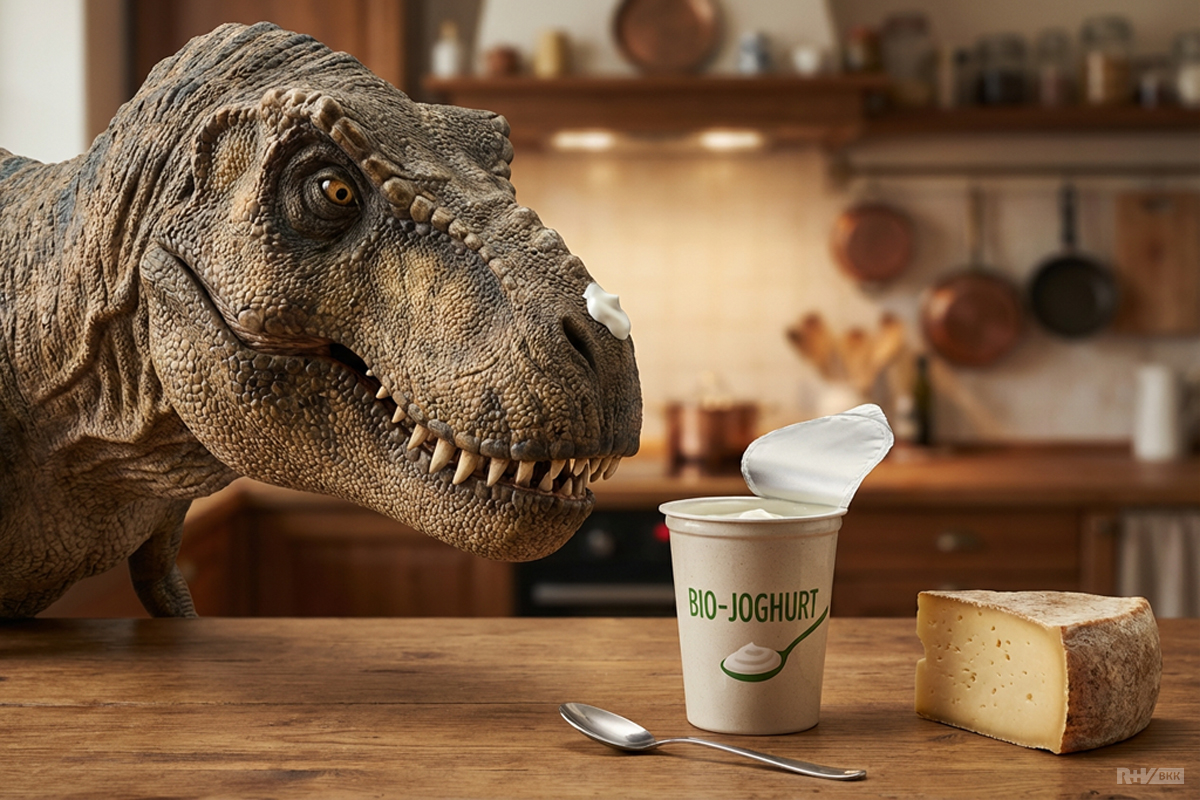 Ein Tyrannosaurus Rex beäugt neugierig Joghurt und Käse