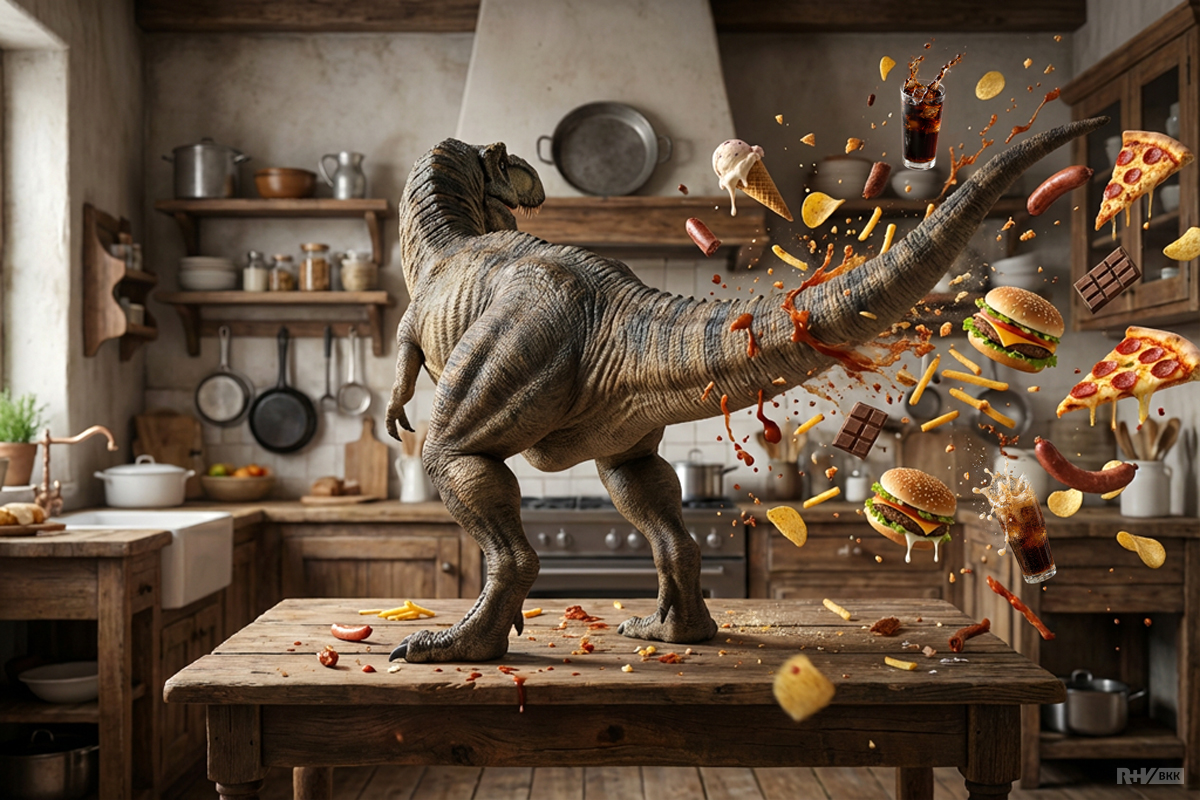 Ein Tyrannosaurus Rex wendet dem Beobachter den Rücken zu und fegt mit seinem Schwanz schwungvoll Pizza, Burger, Pommes, Wurst, Eiscreme, Schokolade, Kartoffelchips und Cola von einem Holztisch, dass alles durch die Luft fliegt. Brocken und Spritzer fliegen durch die Gegend.