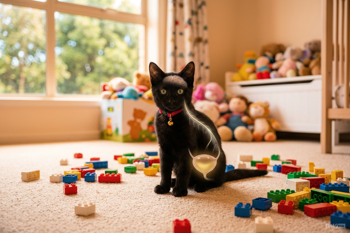 Eine junge schwarze Katze sitzt in einem Kimderzimmer auf dem Boden. Das Gehirn und die Blase scheinen durch ihren Körper hindurch