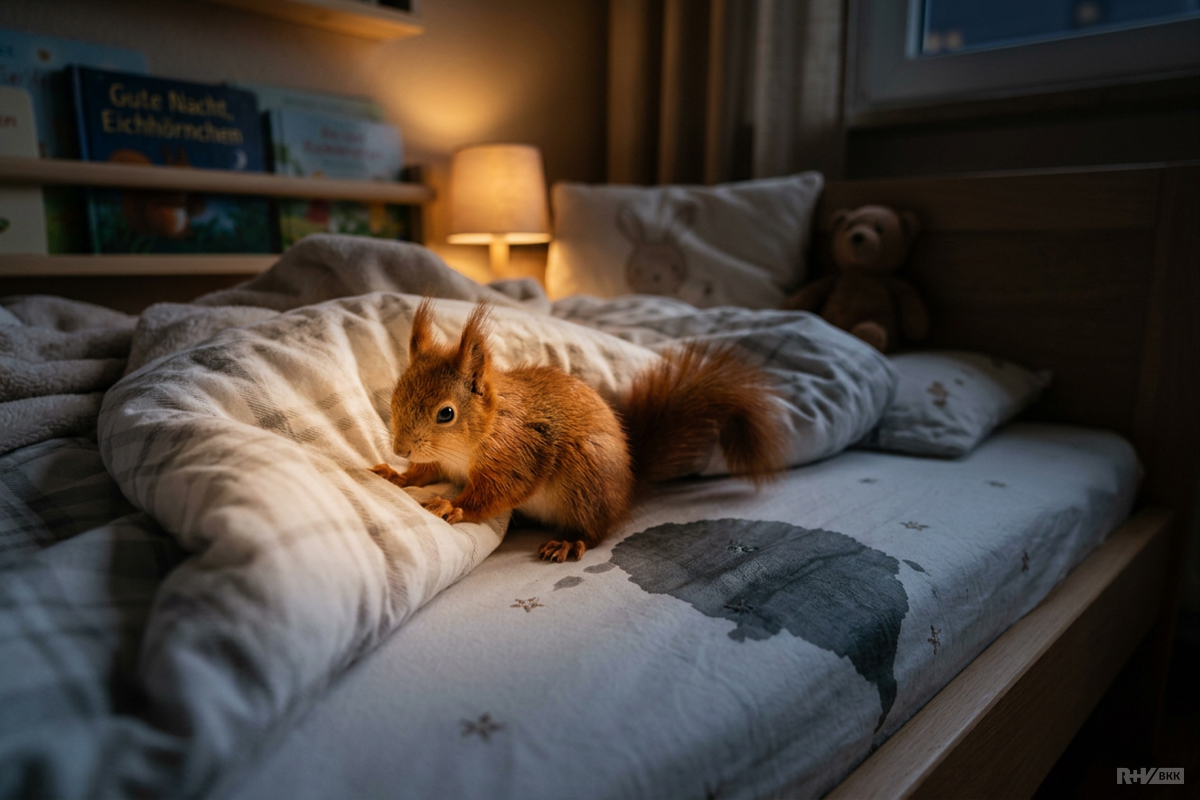 Ein junges Eichhörnchen sitzt auf einem Kinderbett. Unter ihm ist ein feuchter Fleck auf der Matratze zu erkennen
