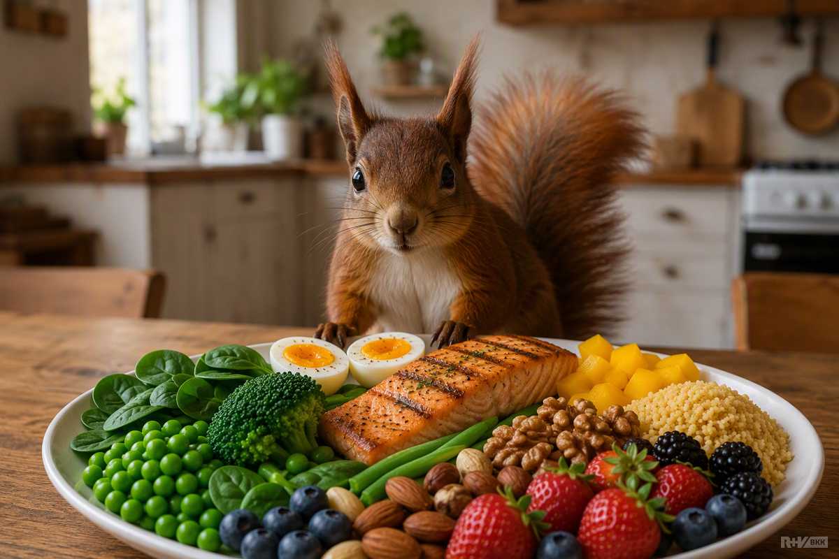 Eichhörnchen Knabber sitzt in einer Küche auf einem Holztisch und betrachtet einen Teller mit buntem Essen