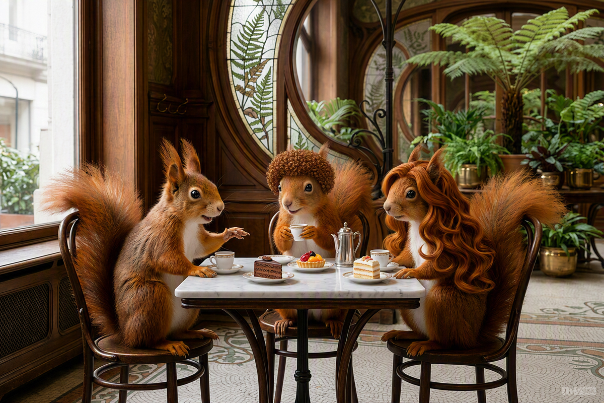 Drei Eichhörnchen mit unterschiedlichen Frisuren sitzen in einem Café