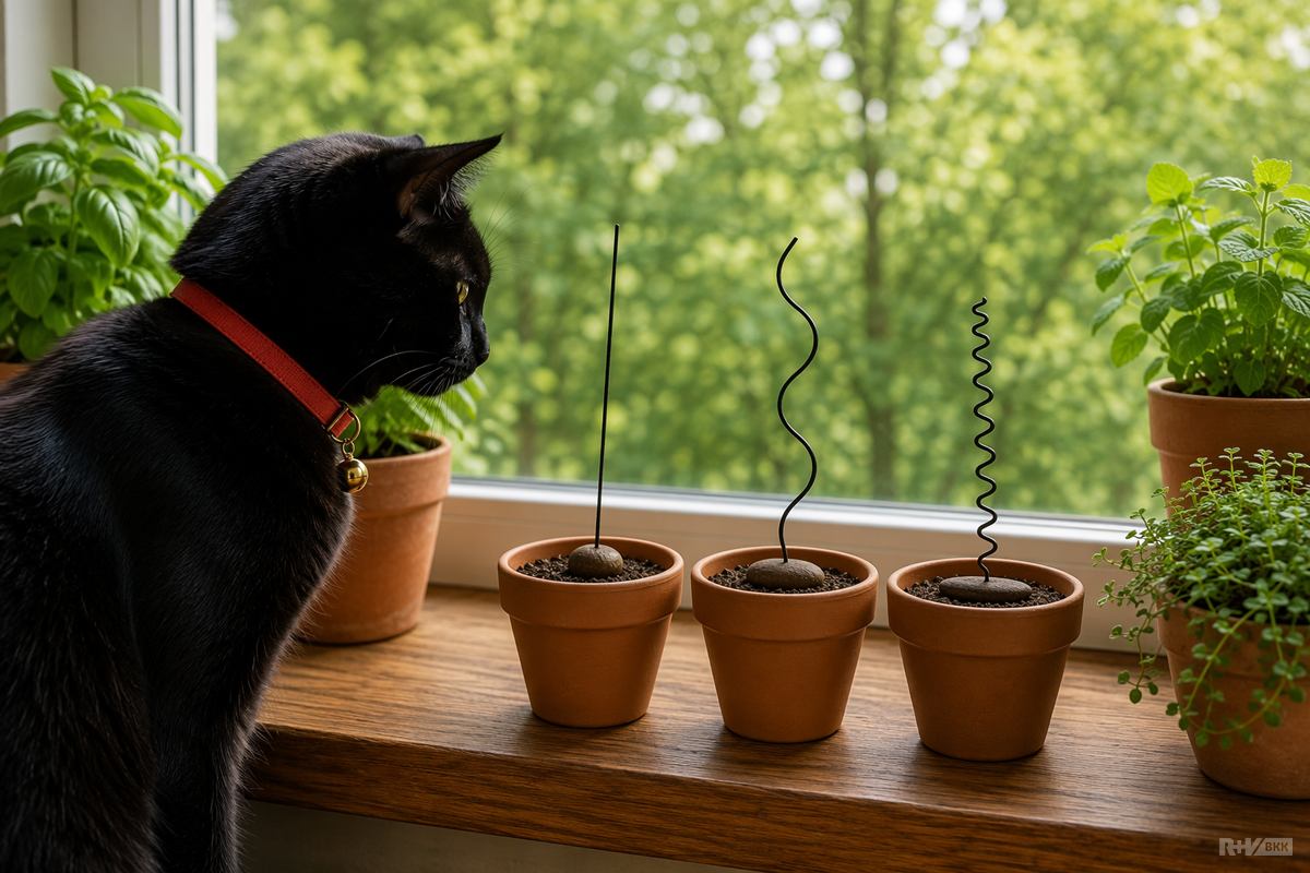 Die schwarze Katze MauMau betrachtet drei Tontöpfe auf einer Fensterbank, aus denen aus drei verschiedenen Haarfollikeln jeweils ein glattes, ein welliges und ein krauses Haar wächst