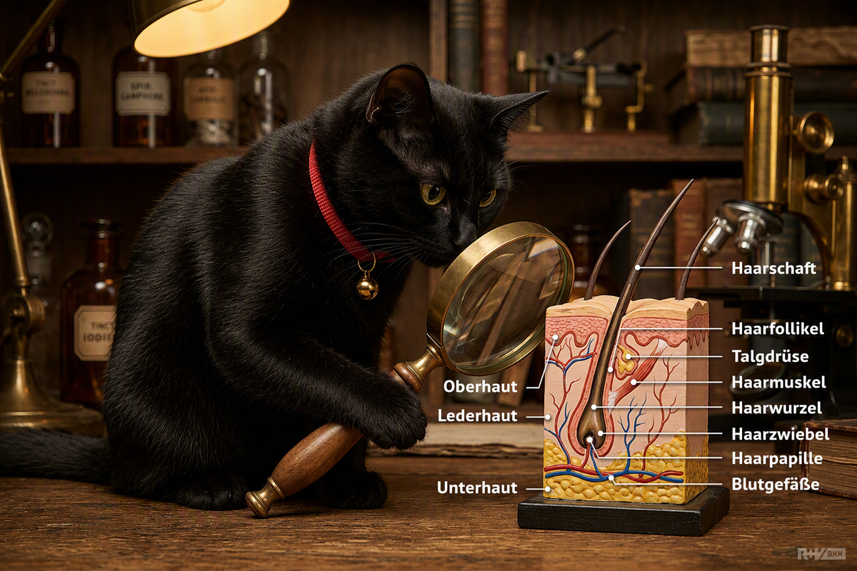Die schwarze Katze MauMau betrachtet durch eine Lupe ein Kunststoffmodell eines Haares