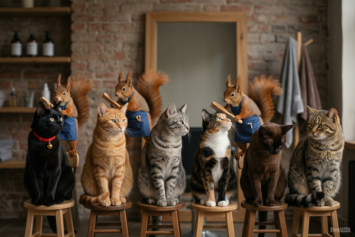 Sechs Katzen mit unterschiedlichen Fellfarben sitzen in einem Friseursalon auf Stühlen und lassen sich von drei Eichhörnchen das Fell bürsten