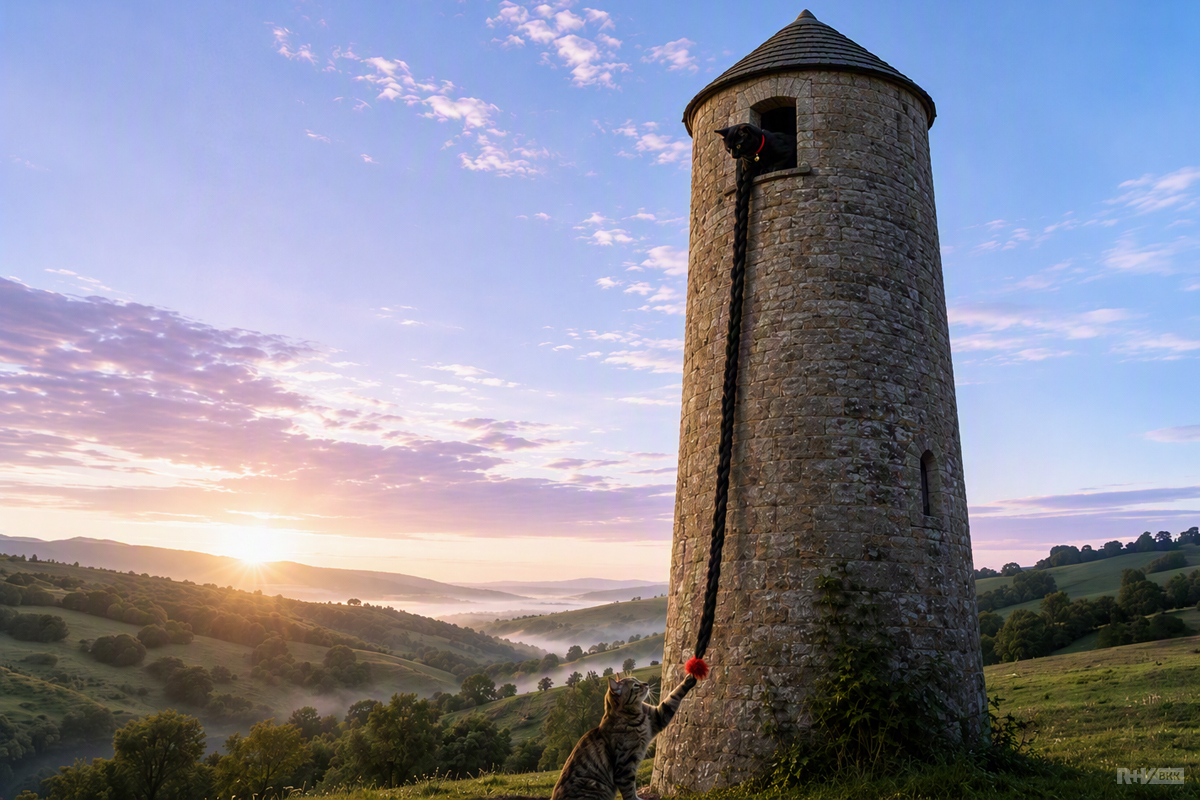 Die schwarze Katze MauMau spielt Rapunzel und lässt aus einem Turm einen langen schwarzen Zopf für ihren Freund, den Wildkater Ratz, herunter