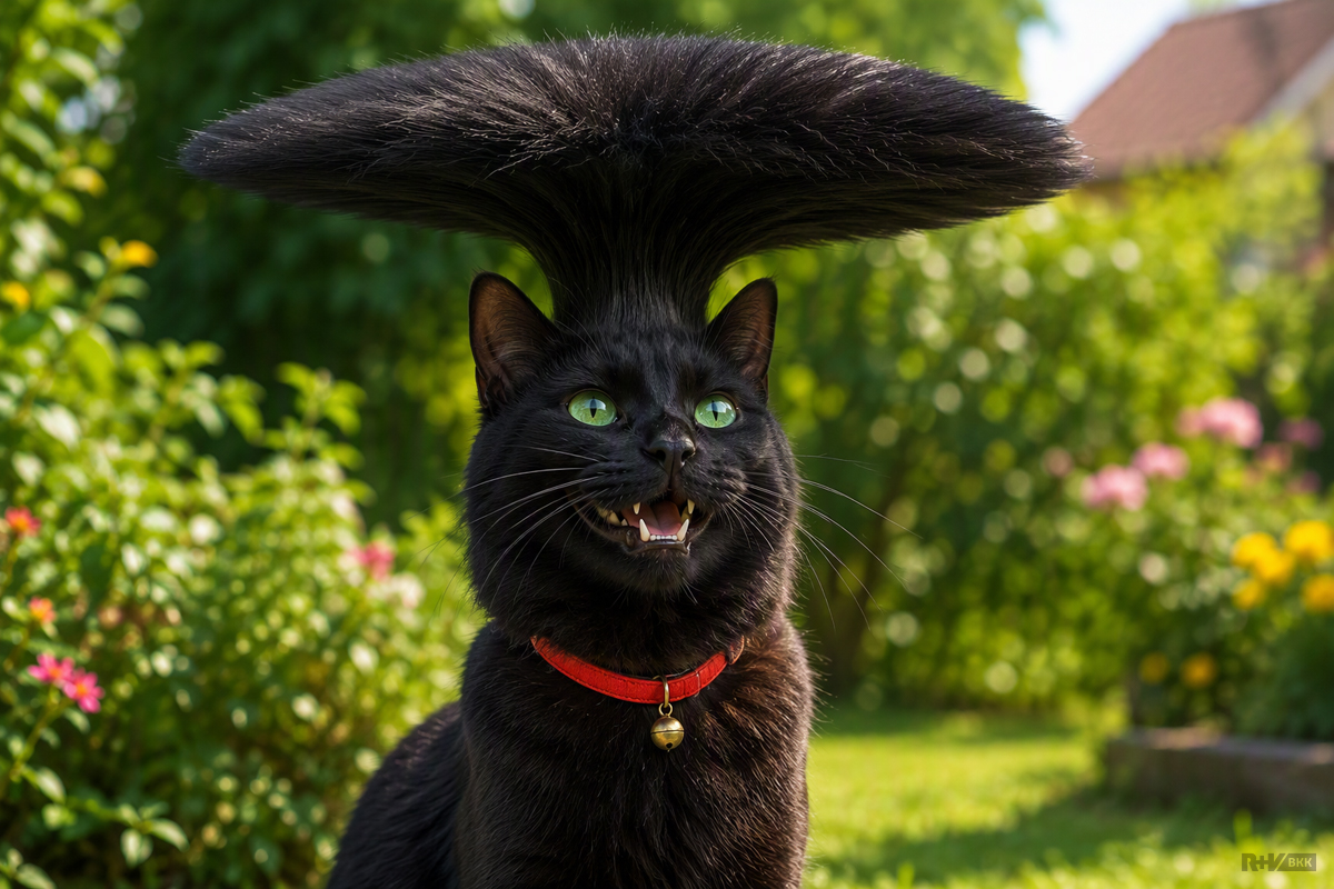 Die schwarze Katze MauMau trägt ihr Fell auf dem Kopf zu einem verrückten Sonnenschirm gebündelt