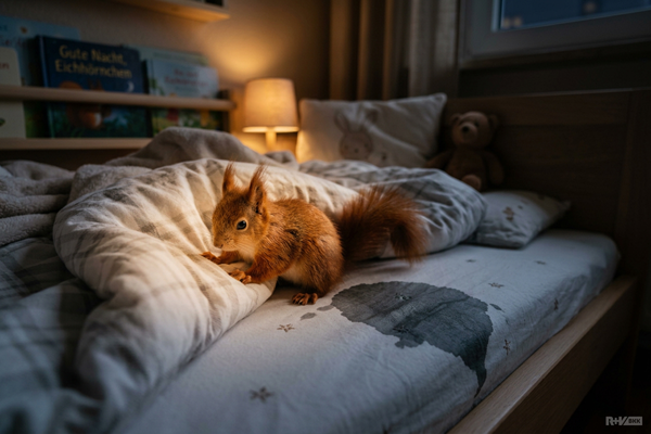 Ein junges Eichhörnchen sitzt auf einem Kinderbett. Unter ihm ist ein feuchter Fleck auf der Matratze zu erkennen