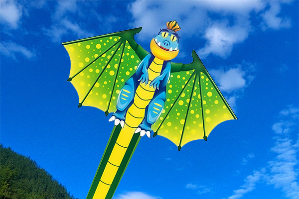 Ein gelb-grün-blauer Drache schwebt am Himmel