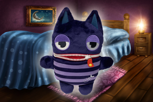 Bonolino springt jauchzend in seinem Bett herum, während ein Sorgfresser-Monster rechts unten ins Bild hineinlacht