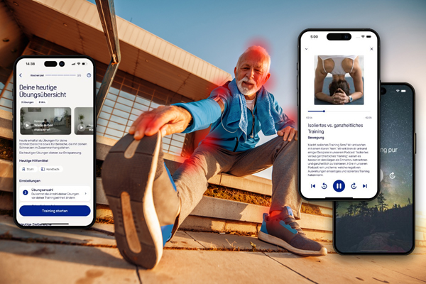 Ein älterer, bärtiger Mann macht Dehnübungen nach dem Sport. Screenshots der Medicalmotion-App im Vordergrund.