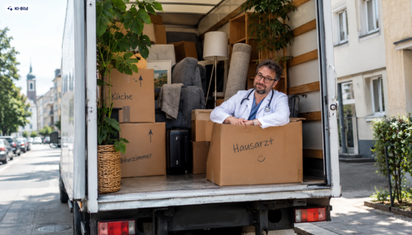 Ein Arzt sitzt in einem Karton in einem Umzugswagen