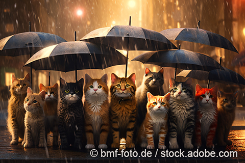 Katzen mit Regenschirmen